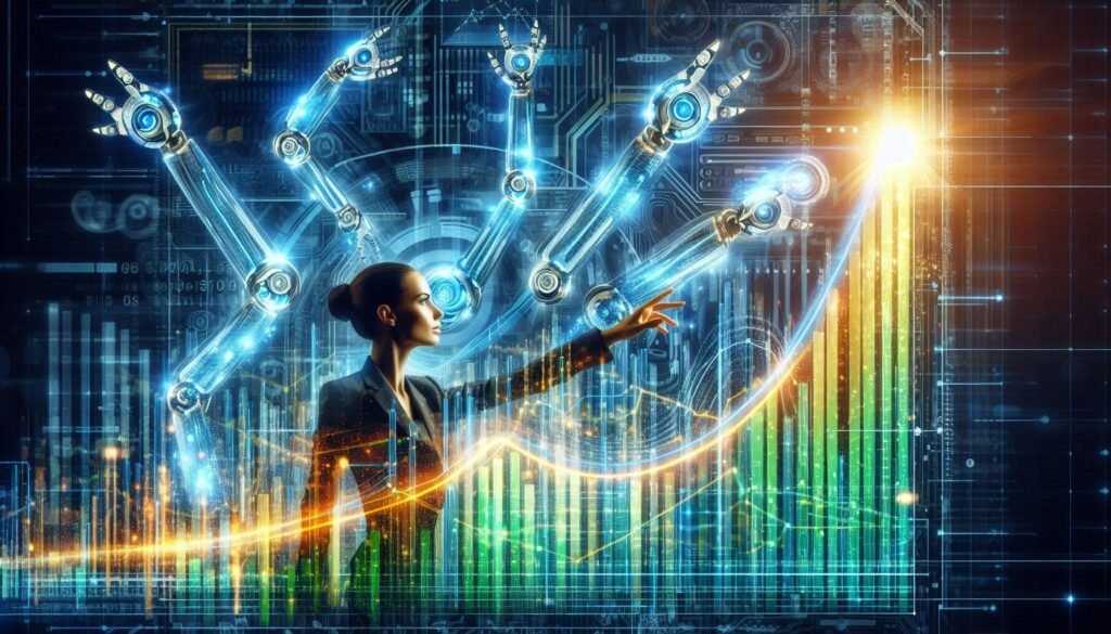 A dynamic image depicting an upward-trending graph integrated with futuristic robotic arms or AI agent symbols, symbolizing business growth propelled by AI. Use a color scheme that conveys growth and success (e.g., greens, blues, and golds). Include elements that suggest innovation and technology. The style should be visually appealing and professional.